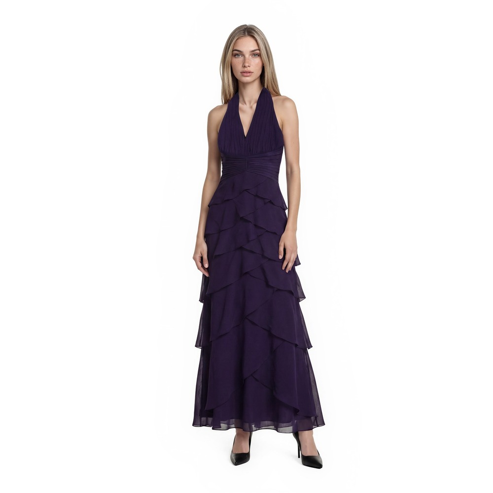 Tadashi Halter Evening Dress Women's Size 4 Purple 100% Silk Tiered Gown Wrap